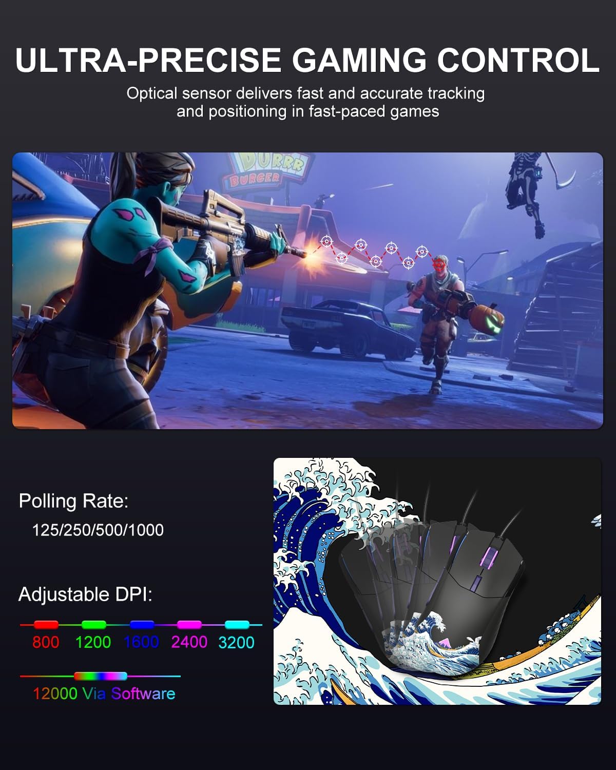 COSTOM Womier USB Wired Gaming Mouse for PC Computer Windows Mac Laptop | Lightweight Silent RGB Backlit Mouse with Adjustable 12000DPI/7 Programmable Side Buttons, Black Kanagawa Theme-G705 V2