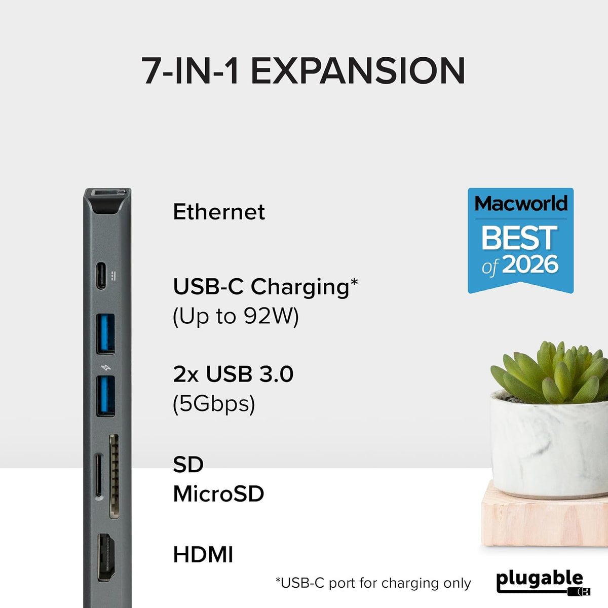 Plugable 7-in-1 USB C Hub Driverless Multiport Adapter with Ethernet