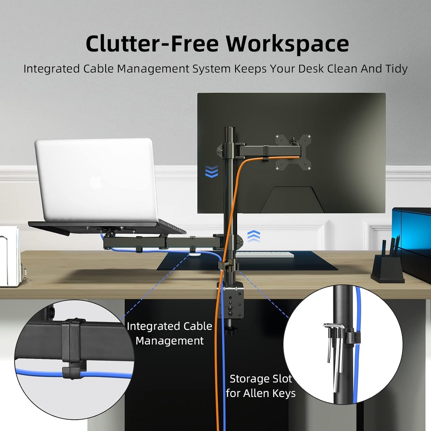 suptek Monitor and Laptop Mount Holds 13-32 inch Computer Screen, Adjustable Monitor Arm Stand with Laptop Tray for 13-27 inch, Hold 22 lbs, with Clamp and Grommet Mounting Base