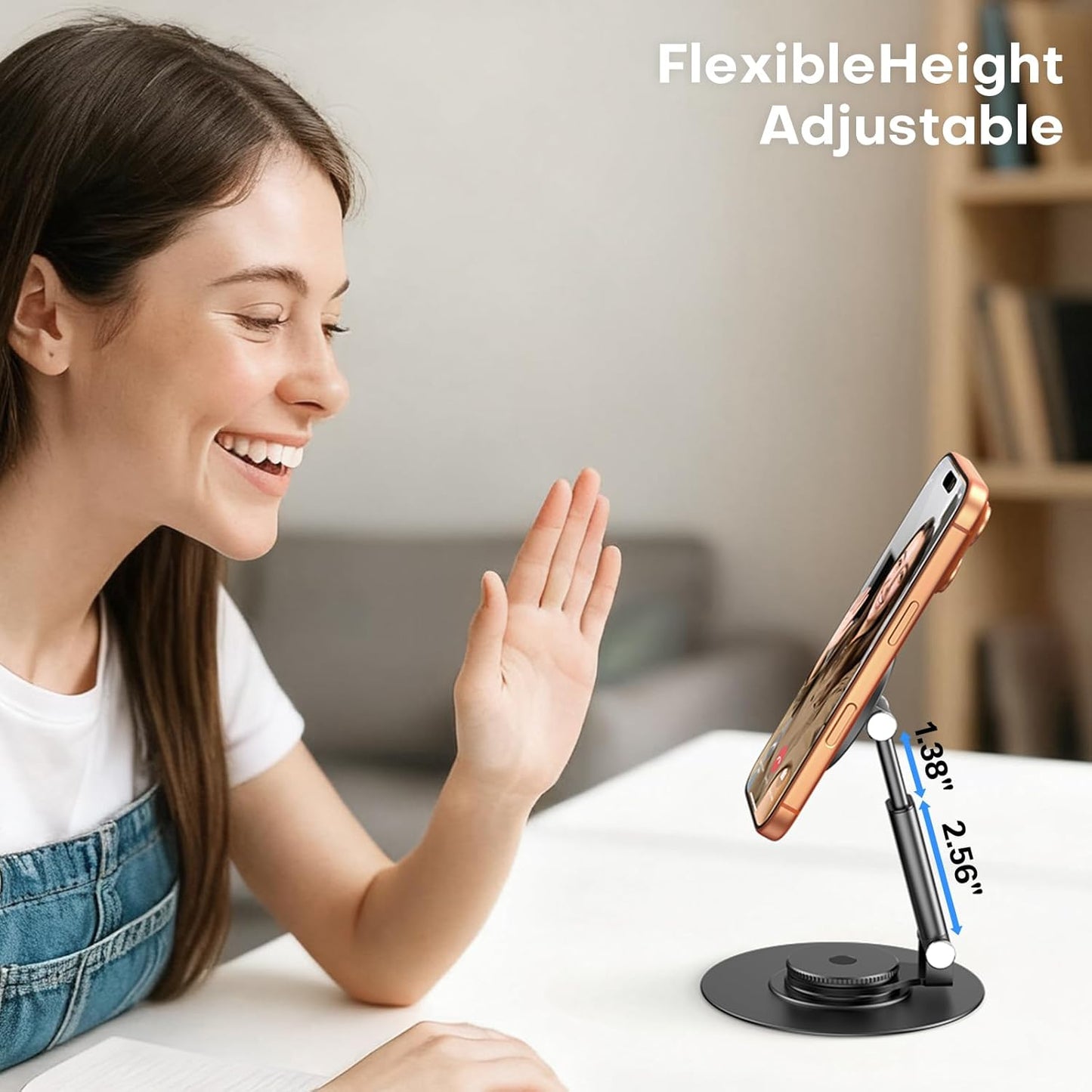 OMOTON MS05 [Height Adjustable] 360° Rotating Magnetic Phone Stand, Black | Foldable Cell Phone Stand for Desk, Office Desk Accessories Gift for iPhone 17/16/15 Pro Max Air for PC Gaming Women Men