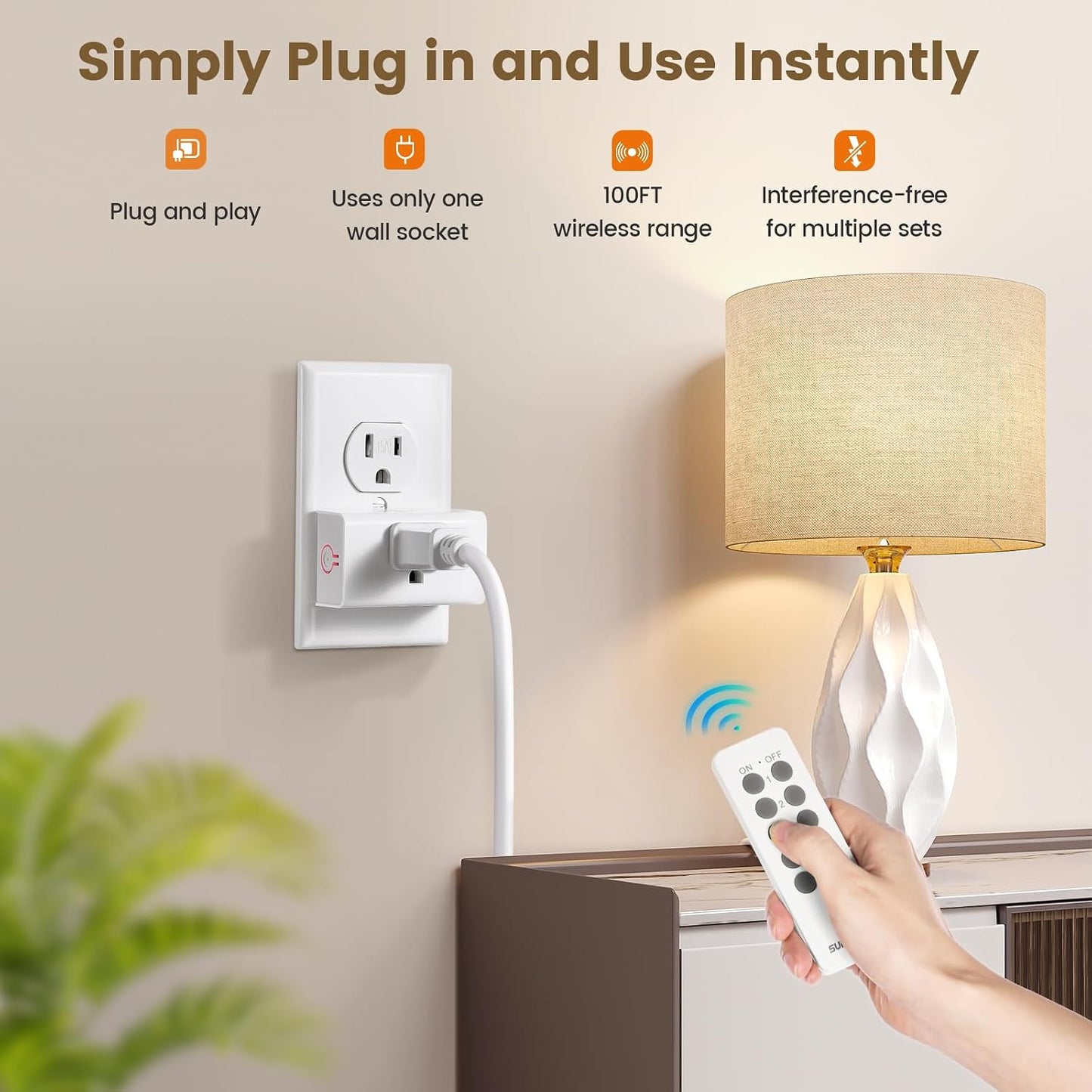 SURAIELEC Remote Control Outlet, Wireless Light Switch - 5 Outlets + 2 Remotes, 15 AMP, 100FT Range, No Interference, Remote Light Switch Kit for Lamp, Fan, Christmas Tree Light, Household Appliance