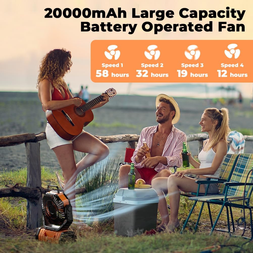Camping Fan - 20000mAh Battery Powered Fan Rechargeable with LED Lantern - Portable Outdoor Tent Fans with Hanging Hook 4 Speeds Wind Remote Control, Black and Orange