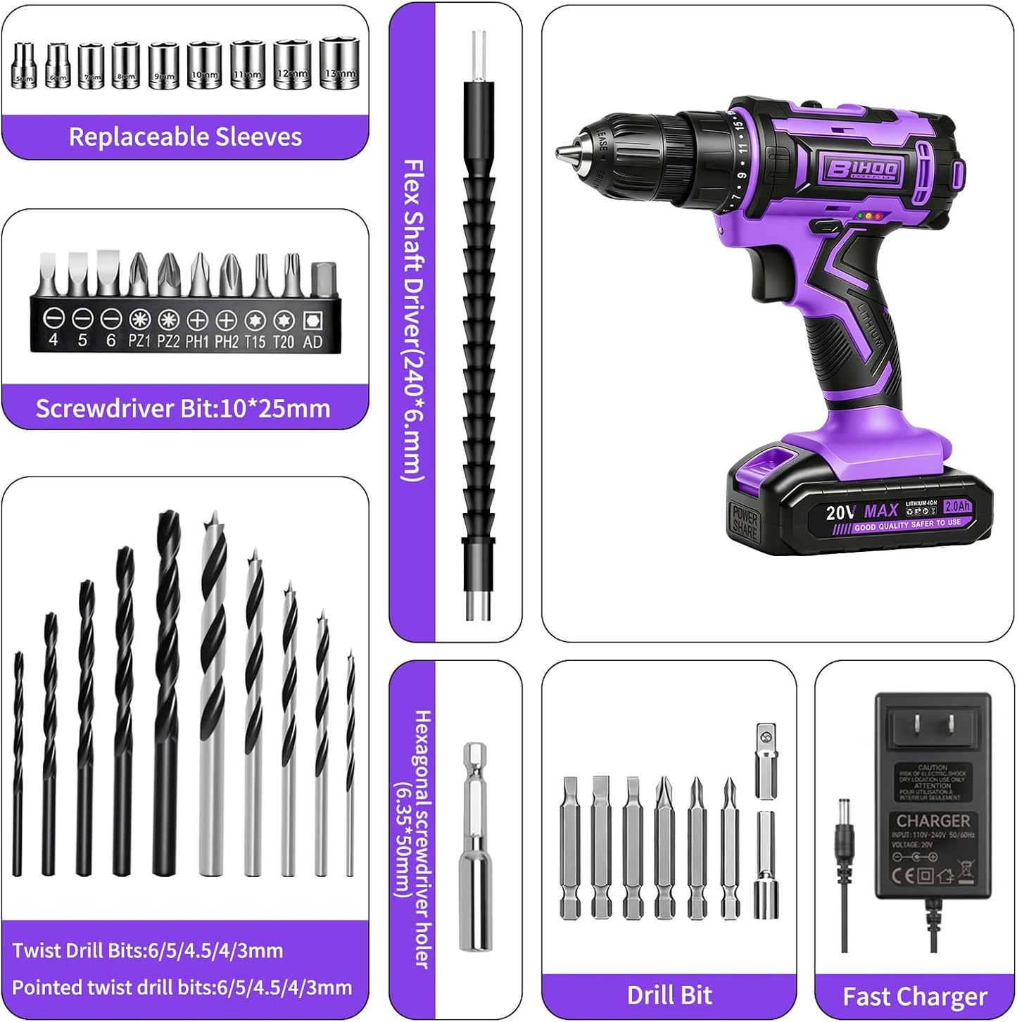 20V Cordless Drill with Battery and Charger, 3/8'' chuck, Purple | 25+1 torque settings, 25Nm max, 2-speed 1600RPM electric screwdriver, 3/8 inch keyless chuck, LED light, 2000mAh Li-ion power
