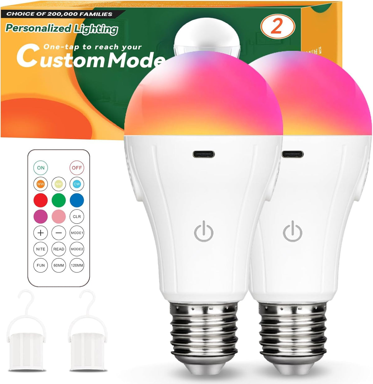 Neporal MagicGlow Rechargeable Light Bulbs with Remote, 3 Colors Shift + Dimmable Battery Powered Light Bulbs, USB Rechargeable, A19 Standard Emergency LED Light Bulbs (2, RGB, 15, Watts)