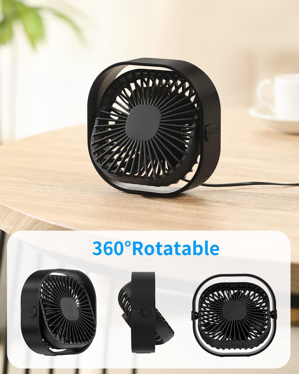 RJVW 4 Inch Small USB Desk Fan, 3-Speed & 360°Rotatable Cooling Fan | USB-Powered Desktop Fan for Home Office Bedroom Dorm Indoor Outdoor Summer Gift