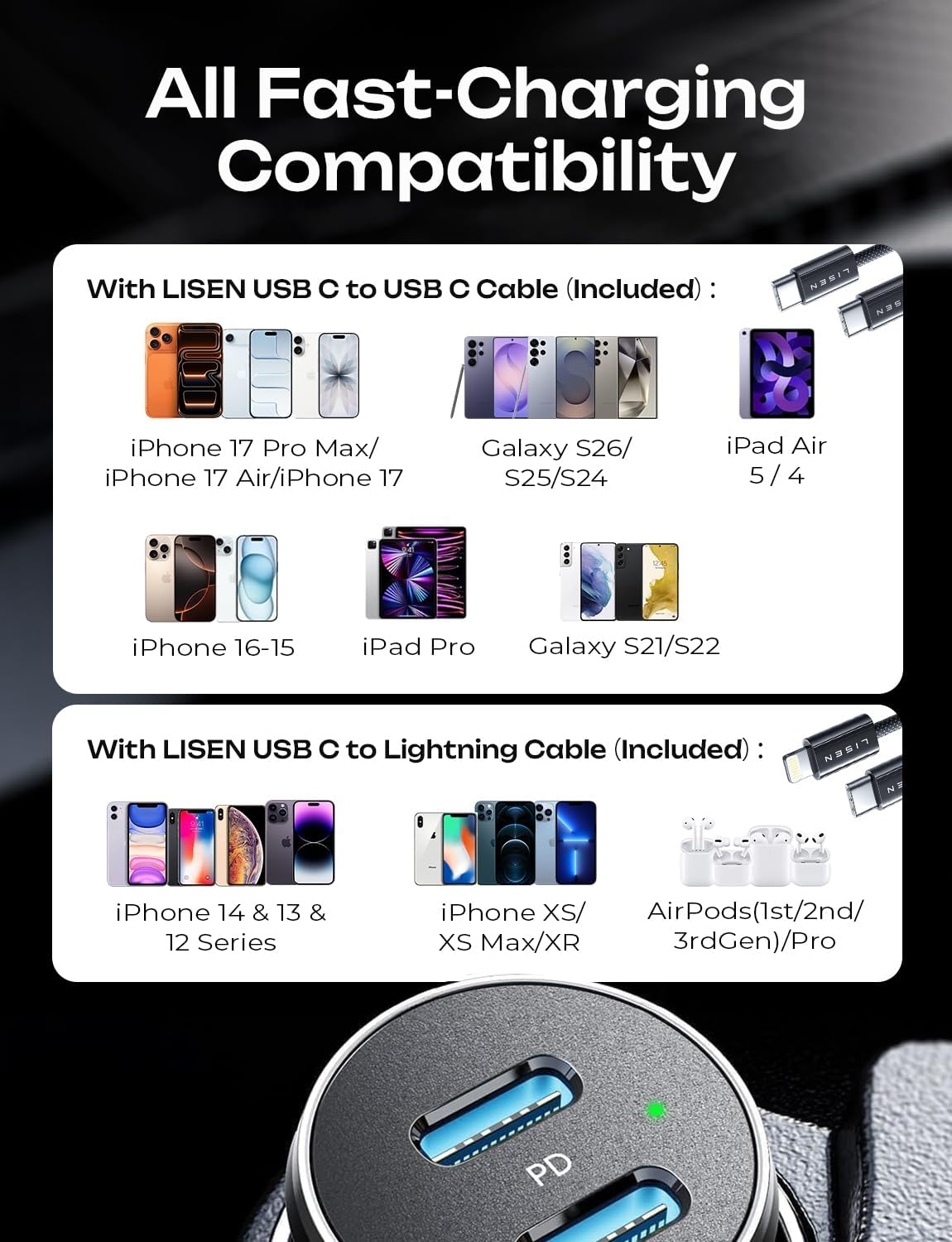 LISEN 90W Car Charger USB C Fast Charge,USB C Car Charger,Type C for iPhone | [with Lightning & USB-C Cable] Fast Car Charger for iPhone 17 Pro Max 16 15 14 13 12 11, Type C for Samsung S26 S25 S24