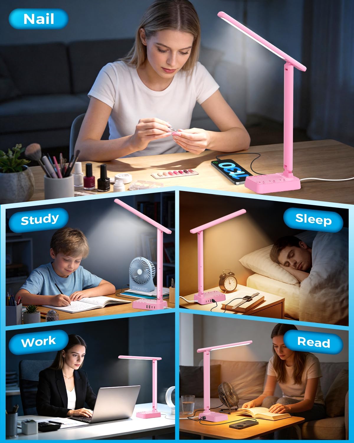 LED Desk Lamp with Power Strip, 3 AC Outlets, 4 USB Ports, Stepless Dimming