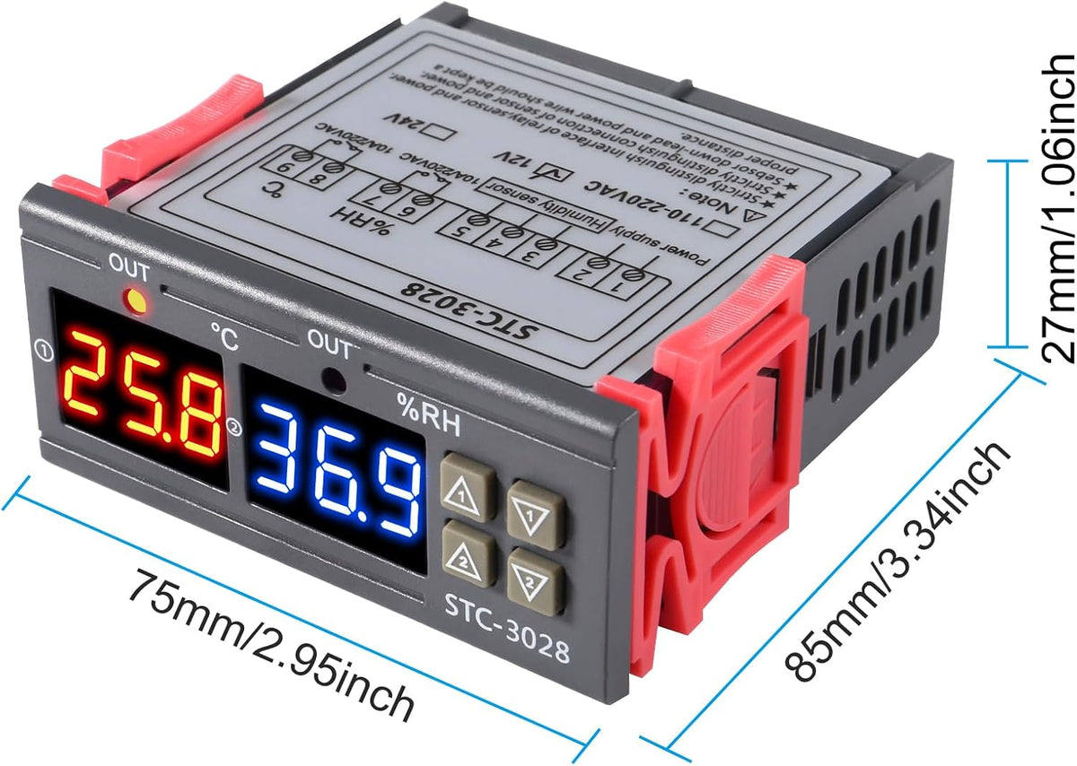 STC-3028 Temperature Controller 12V Temperature and Humidity Controller Meter with Integrated Sensor Dual Digital Display Thermometer Hygrometer Incubator Controller