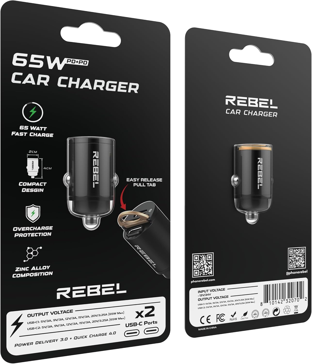 REBEL Dual 65W USB C Fast Car Charger 12V/24V [Smallest Metal Frame] PD65W, QC60W 4.0/3.0, Flush Fit, Cigarette Lighter Adapter for iPhone 17 Pro Max Air 16 Plus 15 14 13 12 iPad, MacBook, S25. S24