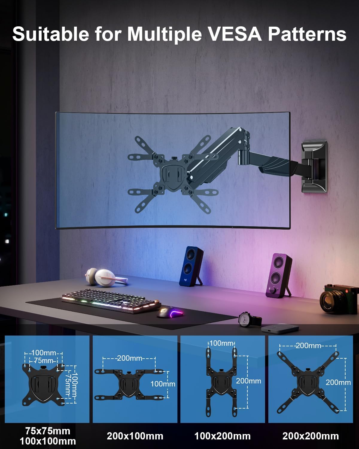 MOUNTUP Monitor Wall Mount for 22-43 Inch Curved Screens, Holds 2.2 to 33.1 lbs, Ultrawide Computer Monitor Wall Mount, Heavy Duty Wall Monitors Arm, 75x75 mm to 200x200 mm Vesa Mounts