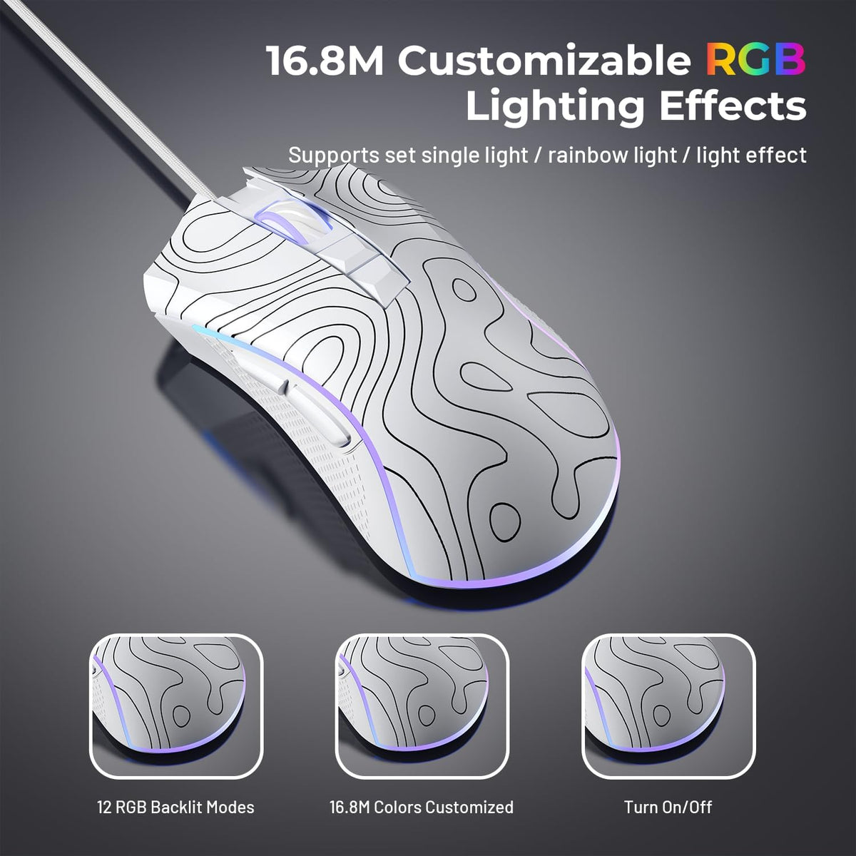 XVX G705 Wired Gaming Mouse, 12000 DPI RGB Gaming Mouse with 12 Backlit Modes &amp; 7 Macro Buttons, PC Gaming Mice Support DIY Keybinding, Mouse Gamer Computer Mouse for Laptop PC Mac Windows,Topographic