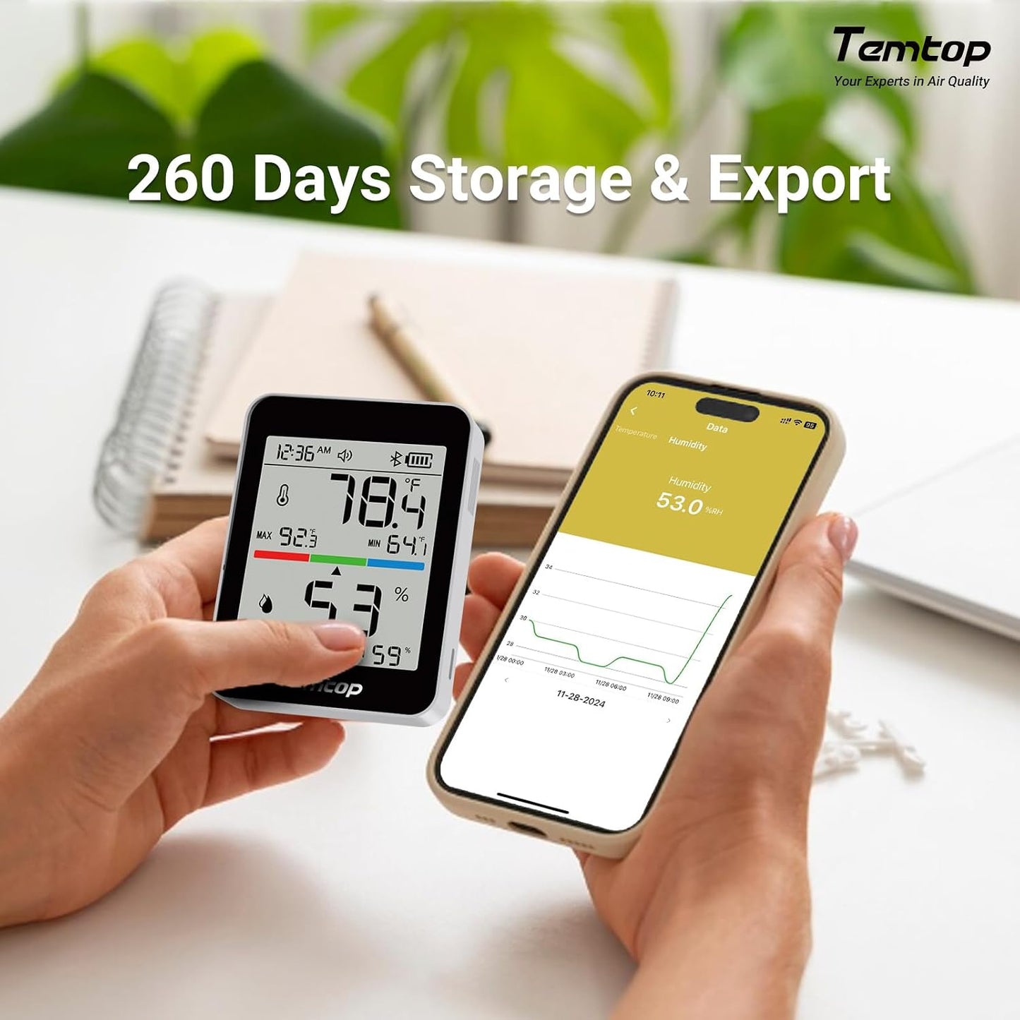 Temtop T1 Bluetooth Indoor Thermometer Hygrometer for Room Temperature | Humidity Notification Alerts, Data Export, Digital Gauge for Home, Office, Greenhouse, Garage, Nursery, Gift