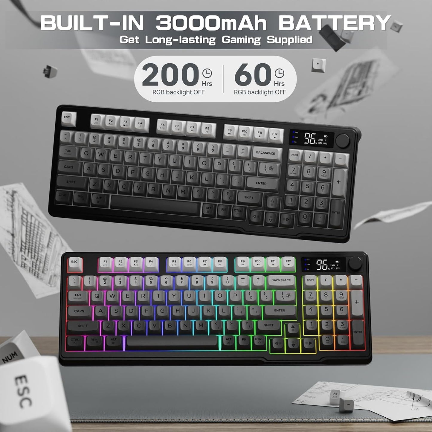 LexonElec M96 Wireless Keyboard, Low Profile Quiet Typing Membrane Gaming Keyboard with Smart Display & Knob, RGB Backlit, USB C Rechargeable, 94 Keys PBT Keycap for Windows PC,Mac,Linux-Moonlit Night
