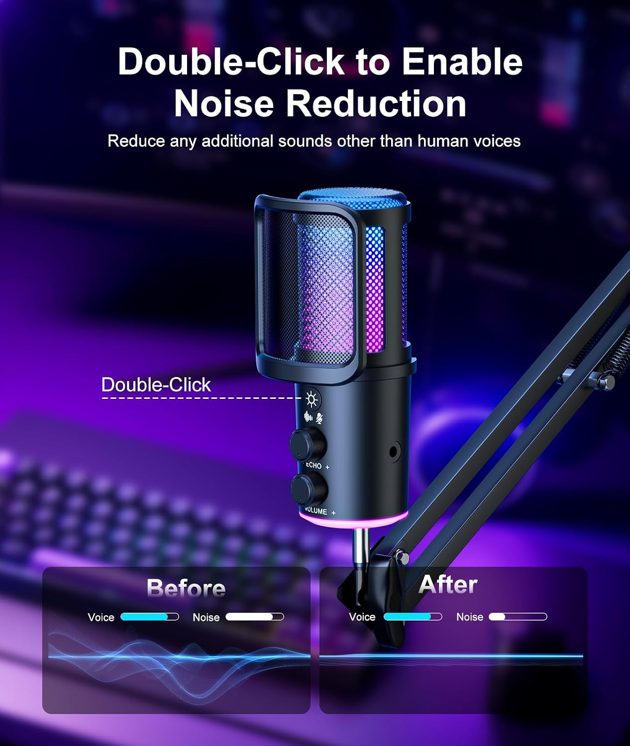 Gaming USB Microphone, Noise Cancellation Condenser Mic with Mute,Boom Arm Mic-Reverb Adjustment, Monitoring for Streaming, Podcasting, Discord, YouTube,PC, Computer, PS4, PS5, Mac