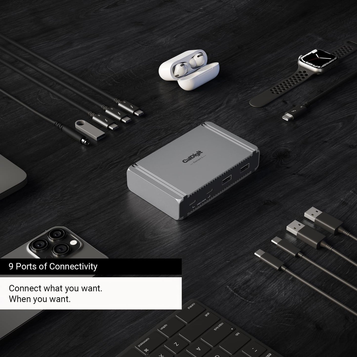 CalDigit E5 - Thunderbolt 5 Element 5 Hub - 9 Ports, 4 x Thunderbolt 5/USB4 v2, 3 x USB-A & 2 x USB-C 10Gb/s, Single 8K, Dual 6K/8K, or Two 4K@240Hz Displays, 90W Charging, 0.8m Cable 180W PSU