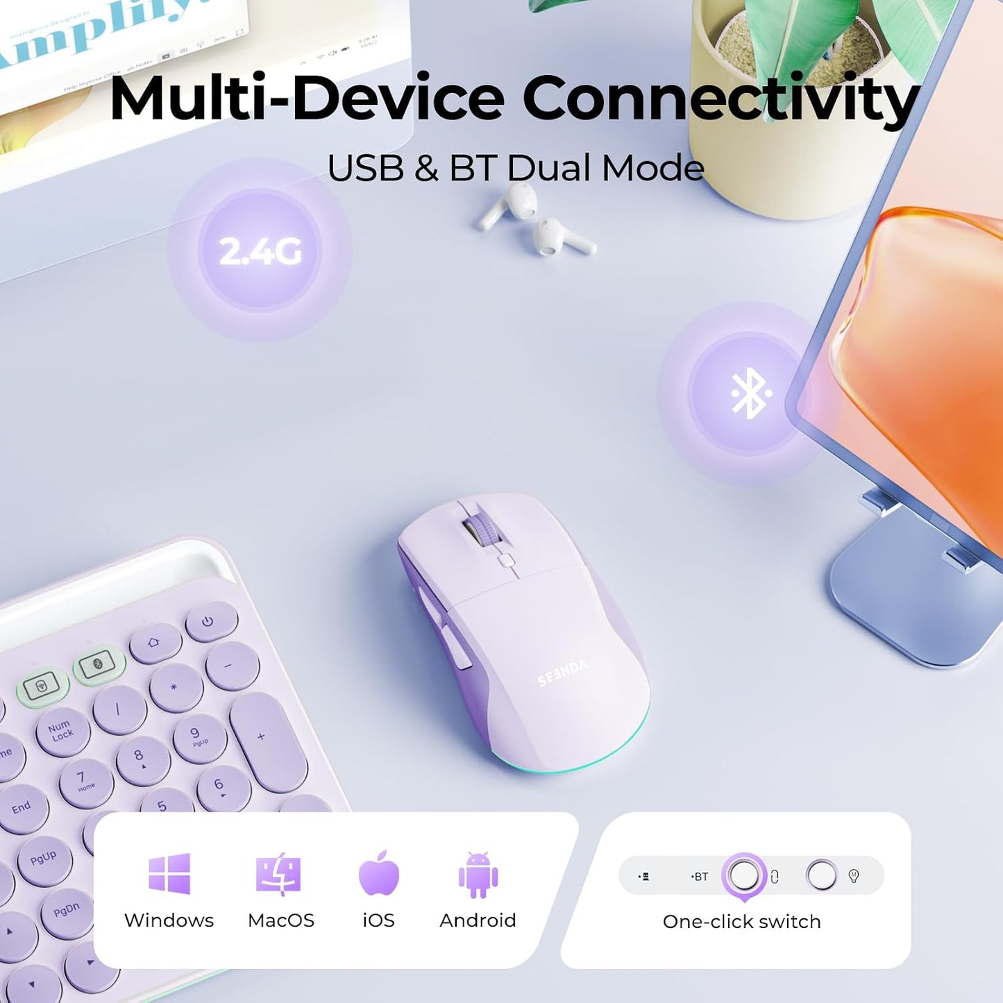 seenda MOU110 Wireless Bluetooth Mouse, Rechargeable & RGB, Purple | 2.4G USB & Bluetooth, Silent, 3-Level DPI, Right-Hand Ergonomic Mouse for Laptop, iPad, MacBook, Desktop Work & Casual Gaming