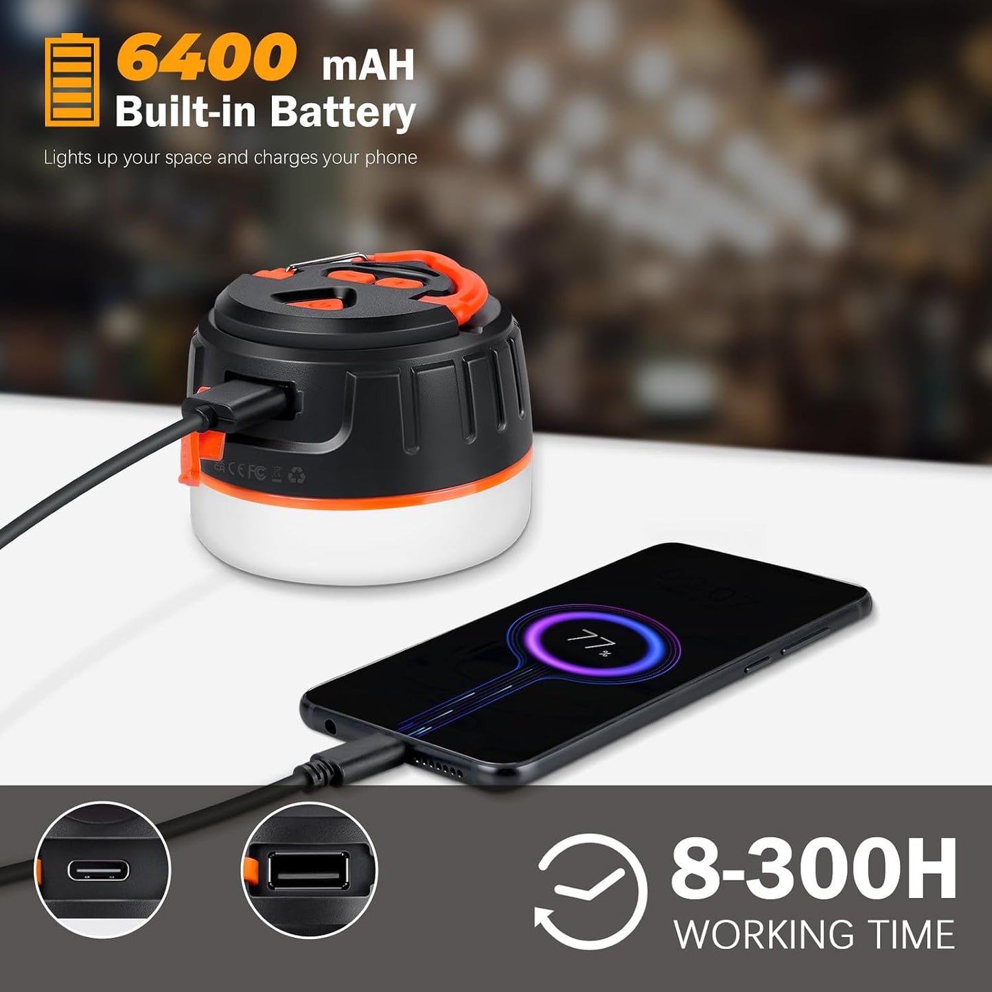 Yonktoo Camping Lantern Rechargeable, 300H Runtime, 6400mAh, IPX5 Waterproof Tent Light for Camping, Hiking, Power Outages, Home, Emergency - Standard Edition,Orange