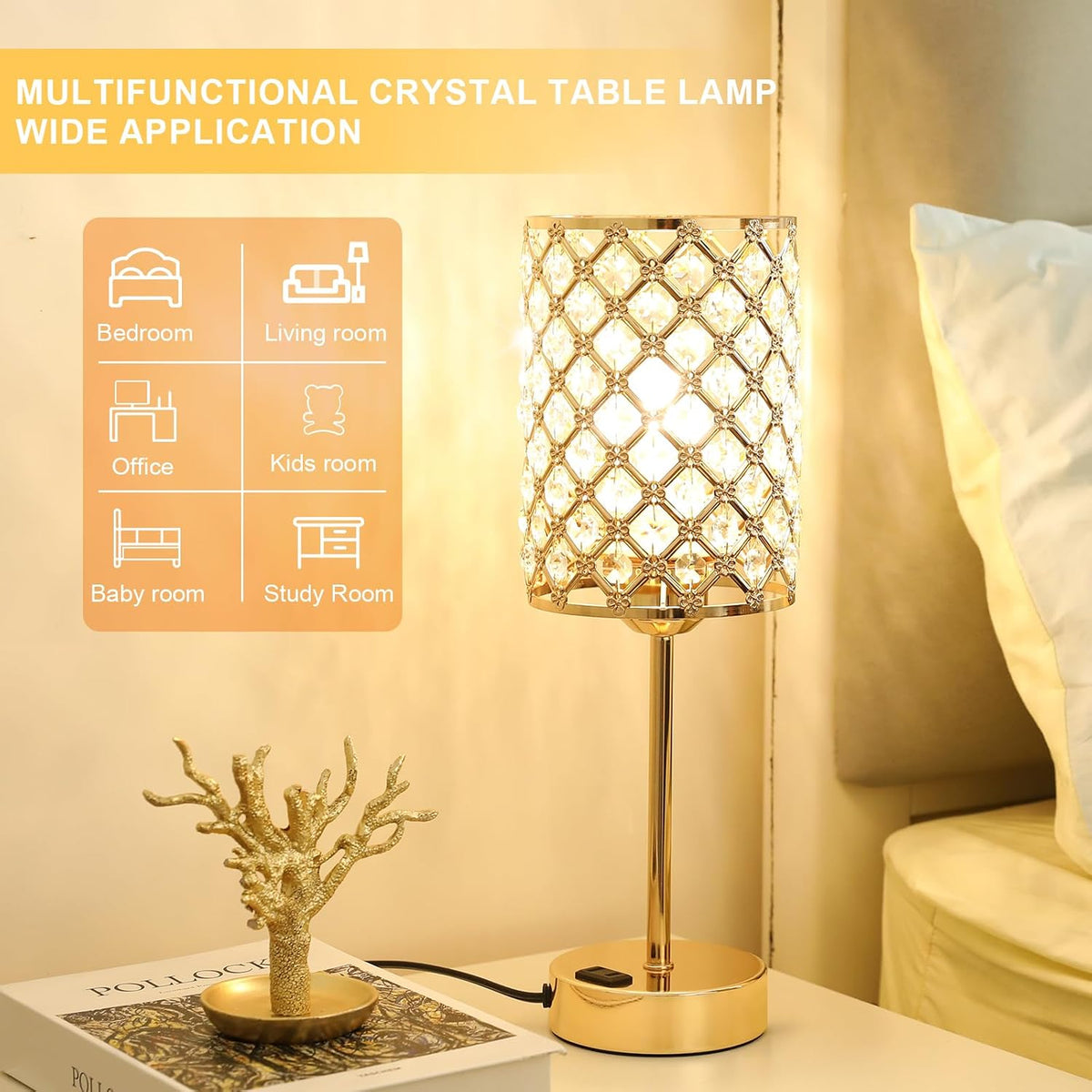 Hong-in Gold Lamps for Night Stands, Crystal Table Lamp with Touch Control | 3-Way Dimmable, USB-C+A & AC Outlet, Desk Lamp for Bedside, Nightstand, Living Room, Home Office, Bulbs Included