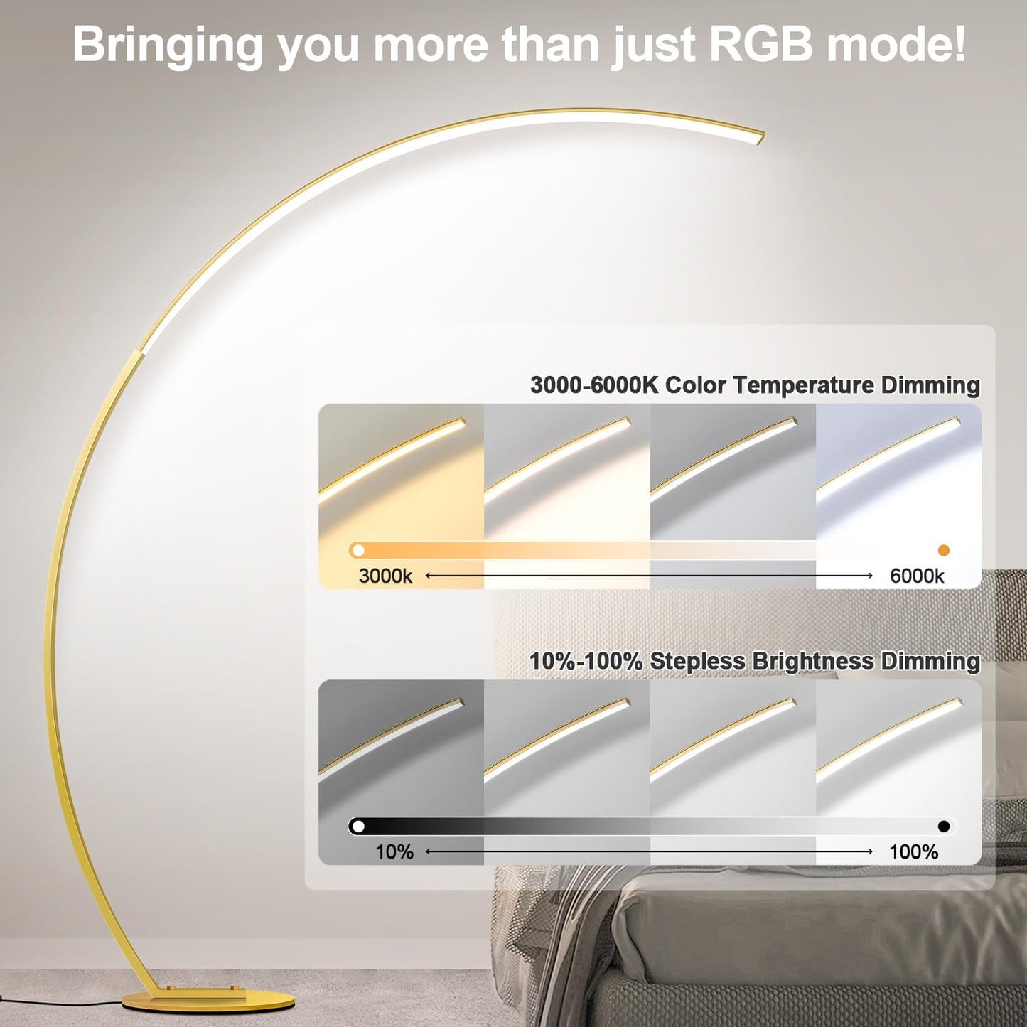 RGB Floor Lamp with 3 Color Temperatures, Ultra Bright 1800LM Smart Arc LED Floor Lamp with Remote Control, Music Sync, Scene Modes, Modern Standing Tall Lamp for Bedroom Living Room Gaming Rooms-Gold