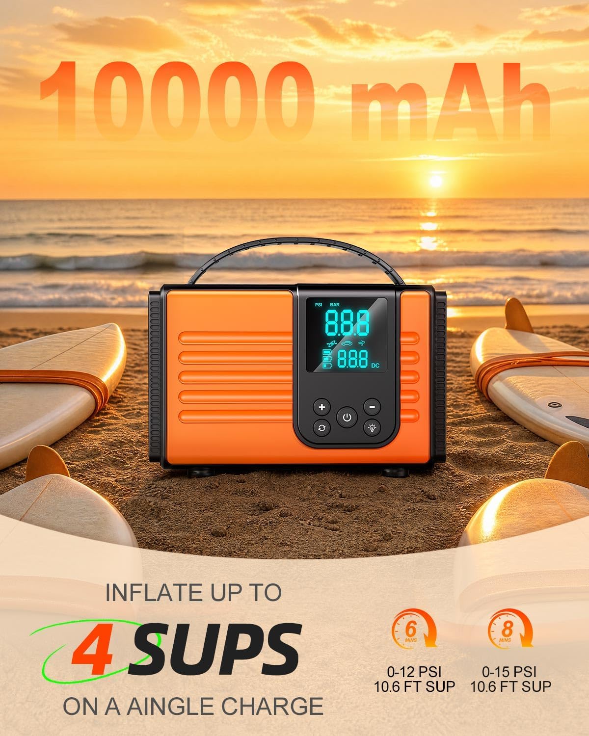 50PSI Paddle Board Electric Pump, 10000mAh SUP Pump with Inflation & Deflation, Rechargeable Paddleboard Pump with Auto-Off, 12V DC & Type-C Air Pump for Paddle Boards, Kayaks, Car Tires