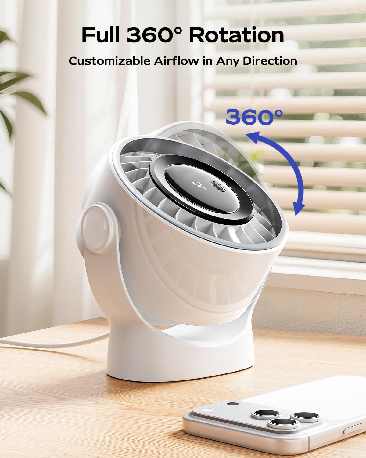 SWEETFULL USB Small Desk Fan - 5 Inch Mini Personal Desktop Fan | 4 Speeds Cooling Strong Airflow, 360° Adjustable Tilt, Quiet Portable Table Fans for Bedroom, Office, Travel & Cruise, Black