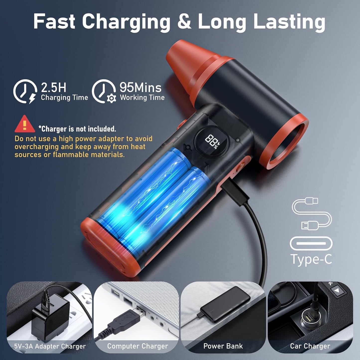 Compressed Air Duster Rechargeable Electric Air Duster for PC Keyboard Mini Dust Blower 130000RPM Cordless Air Blower Jet Dryer Turbo Fan Handheld Blower for Car Home Office, Black-Orange