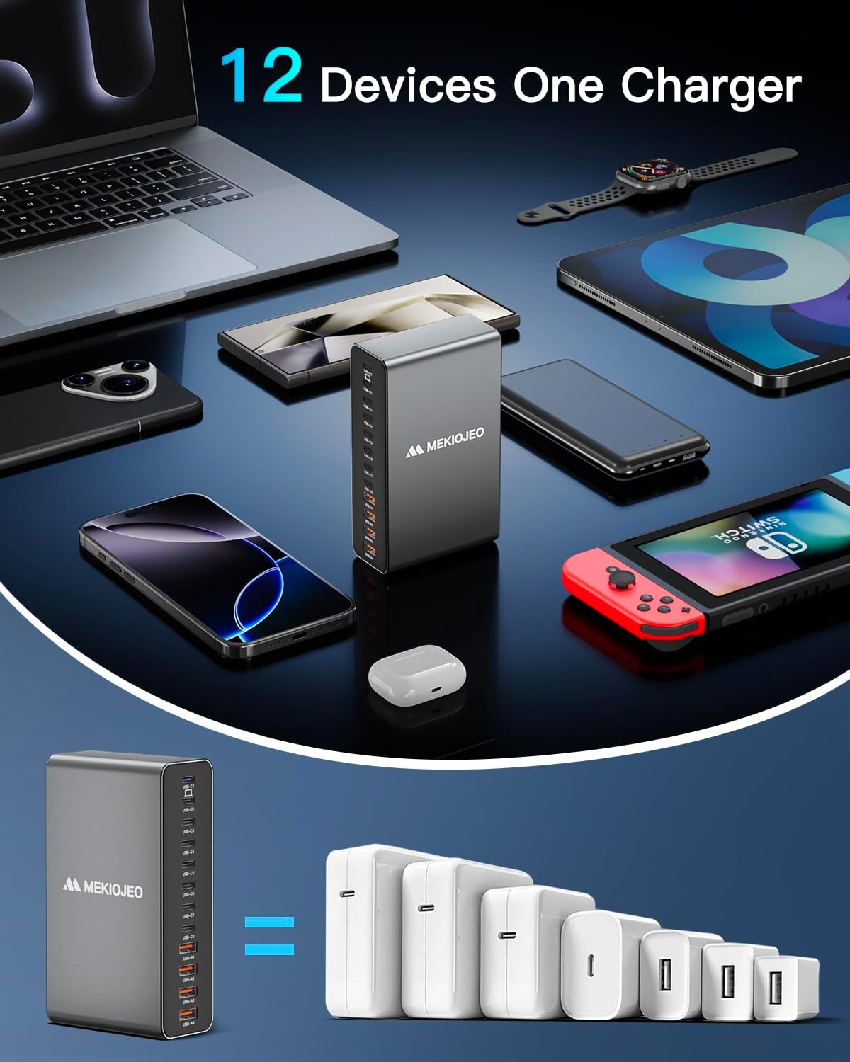 12 Ports Aluminum Alloy 380W Charging Station Fast USB C Charger Block | 65W Laptop GaN Charger for MacBook Pro/Air/iPad Pro/iPhone