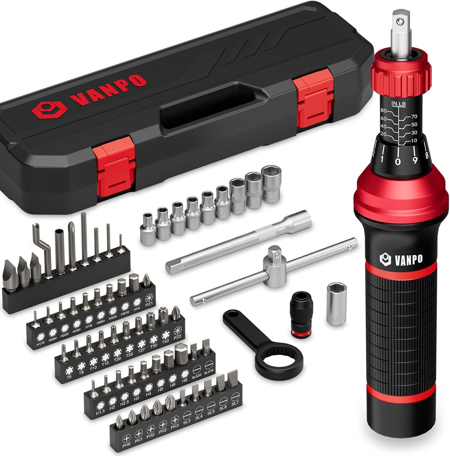 VANPO Torque Screwdriver, 10–60 in-lb, 64 Pieces, Click Style for Gunsmith | 1/4" Drive Torque Wrench Screwdriver Set with S2 Bits, Sockets and Storage Case for Electronics, Bike & Home DIY