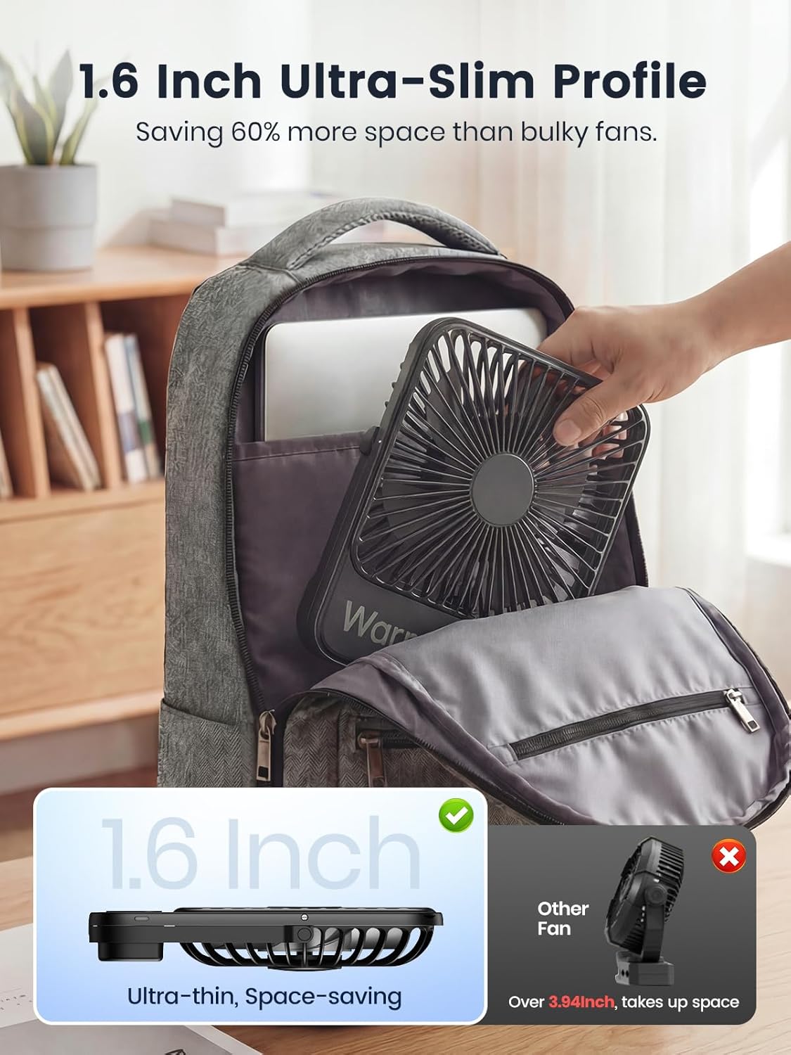 Warmco D3 10000mAh Portable Travel Fan 7-inch, Up to 24H Runtime | Ultra-Slim, Quiet Operation, Battery Powered Fan with Digital Display for Sleeping, Camping, Office, Cruise Essentials
