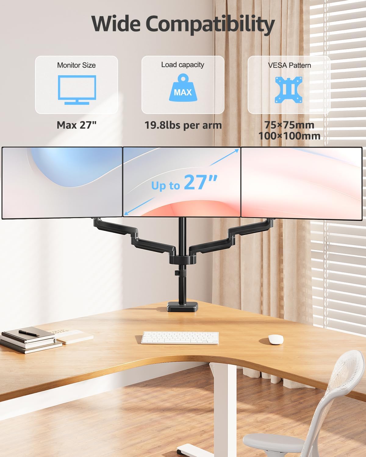 MOUNTUP Triple Monitor Stand Mount - 3 Monitors Desk Mount for Computer Screens Up to 27 inch, Triple Monitor Arm, Heavy Duty Monitors Stand, Each Arm Holds 4.4-19.8 lbs, Black