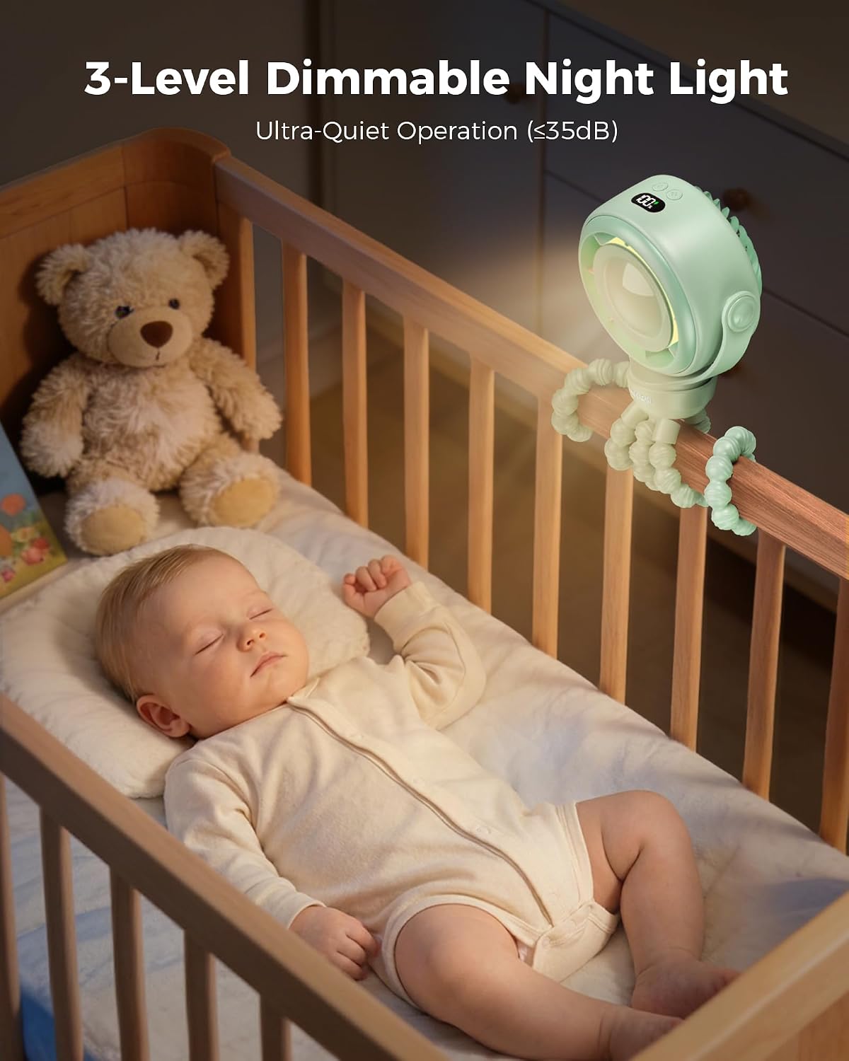 SWEETFULL Baby Stroller Fan, Safe Portable Fan, 15H Use, Nightlight - Green | Pinch-Proof Design; 4000mAh Rechargeable; Stable Mini Clip On Fan; 360° Adjustable; 4-Speed Quiet; LED Display; Car Seat Crib