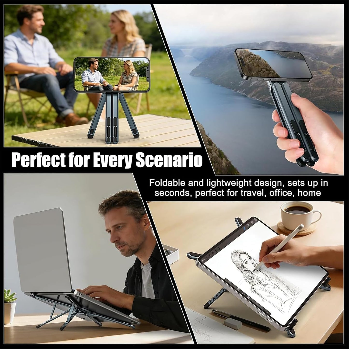 Portable Laptop Stand, 3-in-1 Magnetic Foldable Adjustable, for Desk（Gray） | Aluminum alloy, lightweight compact, 8-level height, ergonomic, for phone/tablet, home office/travel