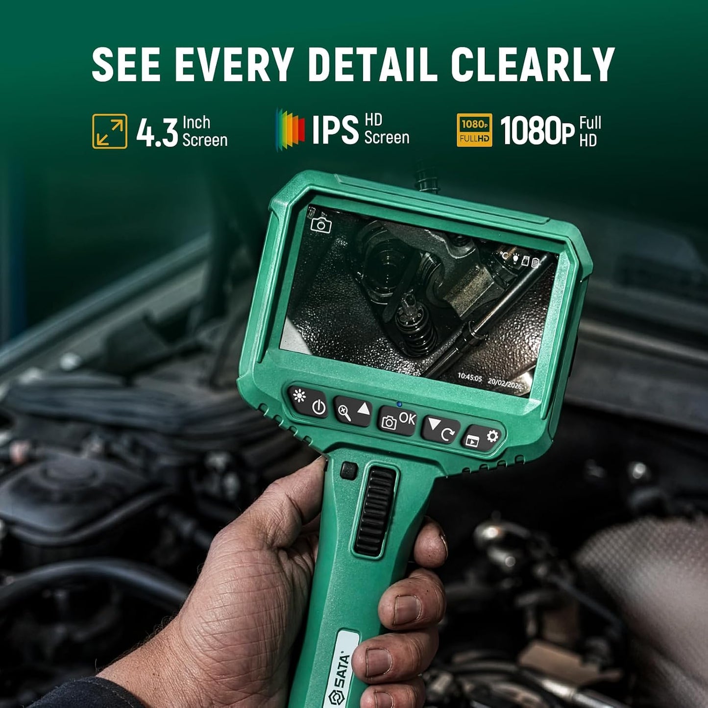 SATA Two-Way Articulating Borescope with Light, 210° Articulation, Industrial Endoscope Camera, IPS HD Display, Flexible Snake Probe for Automotive Engine, HVAC, Plumbing and Mechanical Inspection-5FT