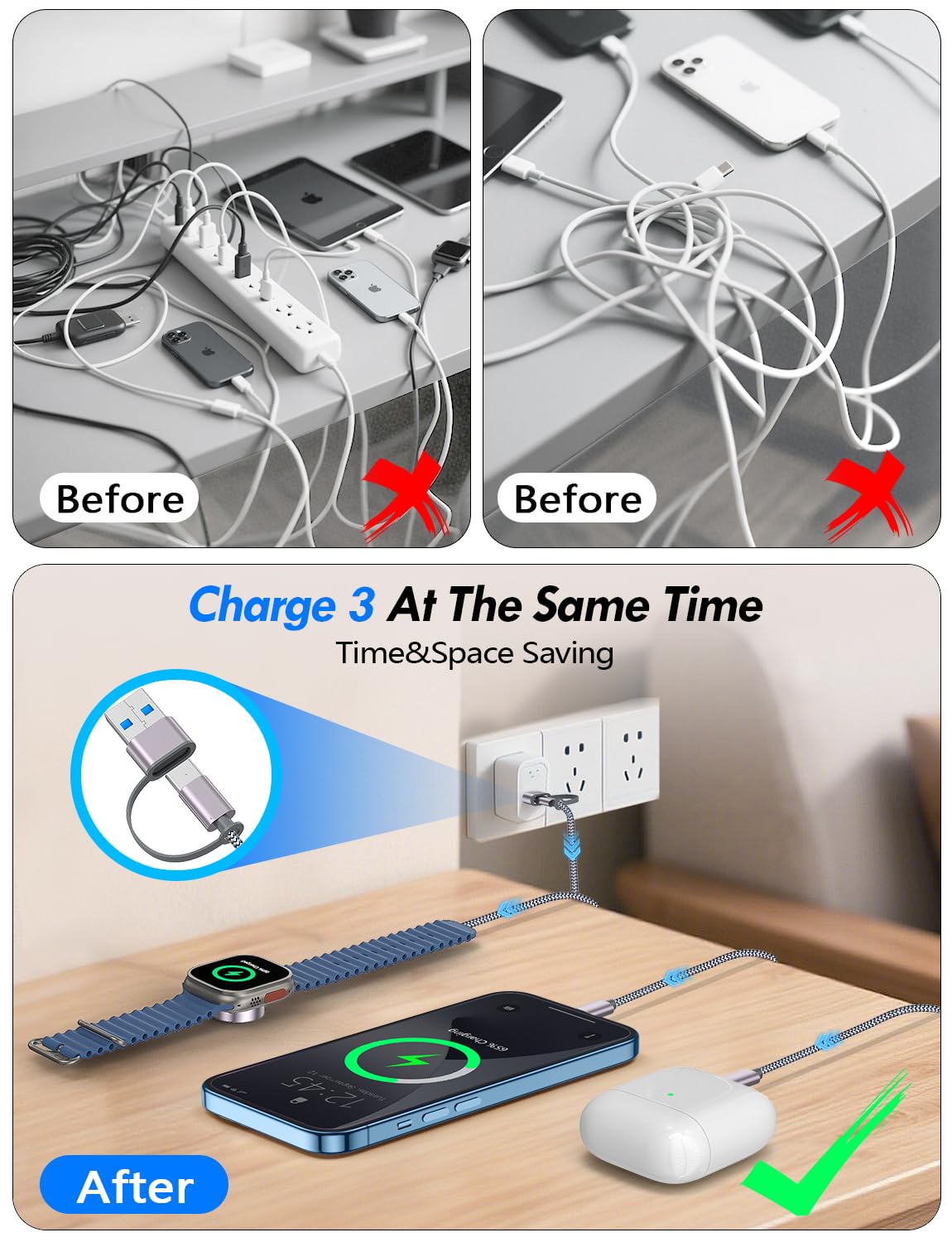 2Pack Travel Essentials for Apple Watch Charger,3-in-2 Multi Charging Cable | Cruise Vacation Camping Essentials for iPhone Charger,Type C/Lightning for iWatch,iPhone 17-12,Xbox Series X&S-4FT Gray