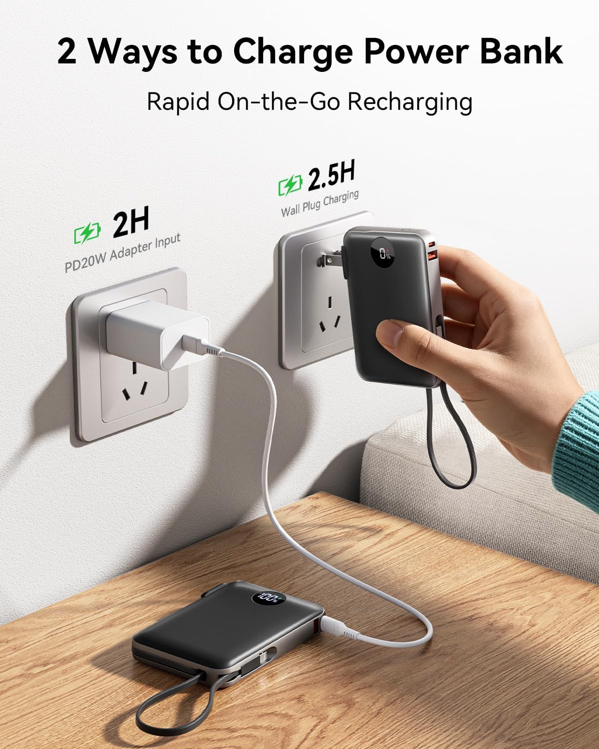 Portable Charger Power Bank 10000mAh, 45% Smaller Built-in Cables & AC Plug | Built-in Cables & AC Plug, 22.5W Fast Charging, 4-Device Charging, Travel Essential, for iPhone, iPad & Samsung Galaxy, Black