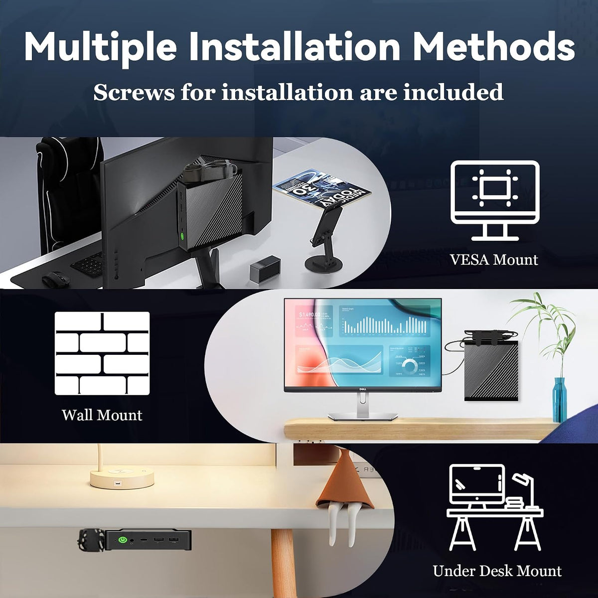 Mini PC Mount for Dell OptiPlex Mini PCs (3000/5000/7000 MFF and More), Under Desk | Wall-Mount | VESA, Protect Host Devices, with Adapter-Fixed Nylon Clips, Keep Desktop Tidy, Black