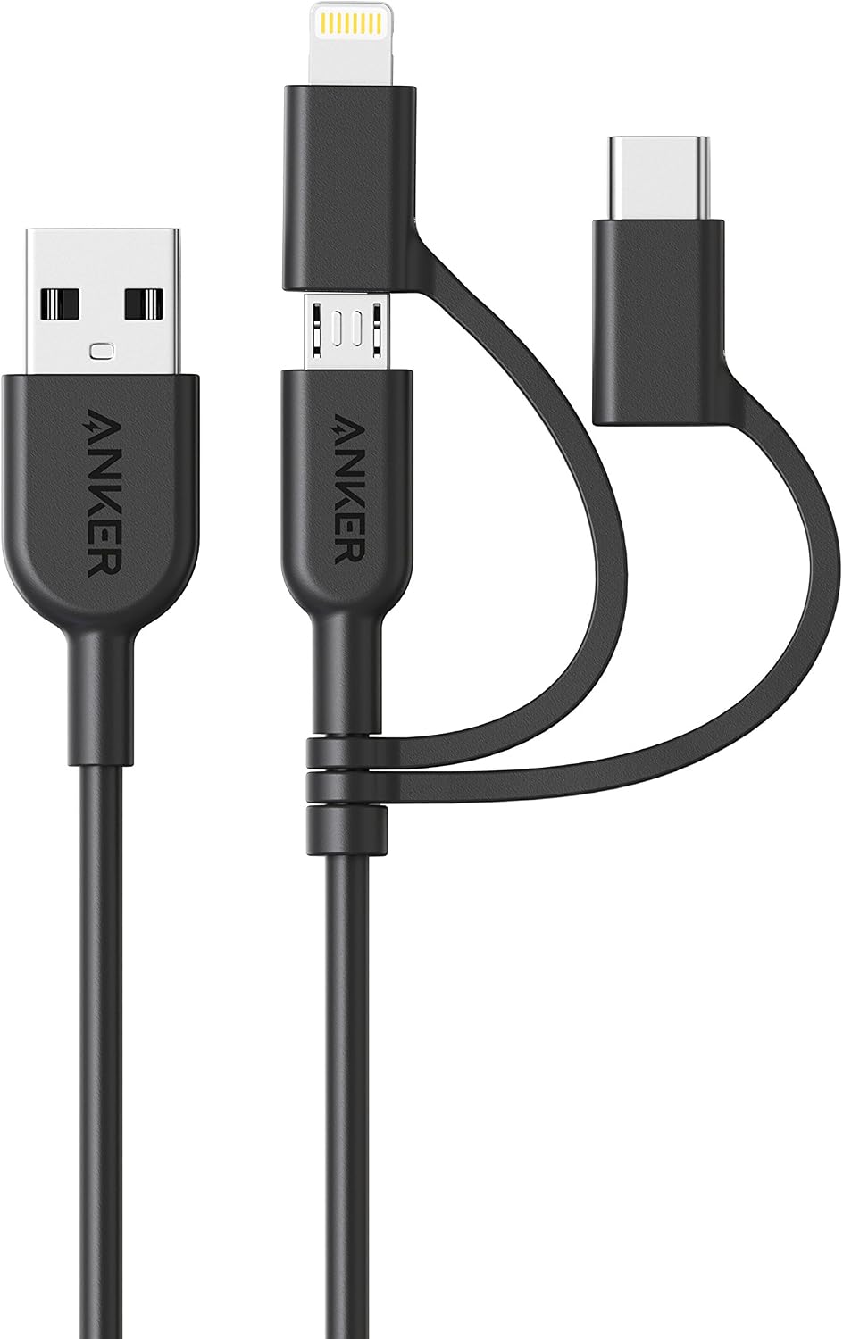 Anker Powerline II 3-in-1 Lightning, USB C, Micro USB Cable (3 ft, Black) | Compatible with iPhone, iPad, Huawei, HTC, LG, Samsung, Sony Xperia, Android Devices, and More