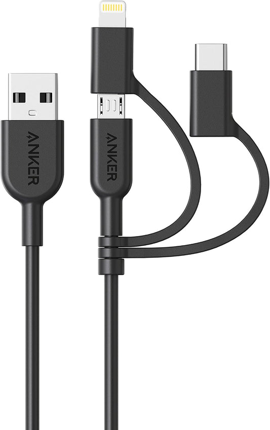 Anker Powerline II 3-in-1 Lightning, USB C, Micro USB Cable (3 ft, Black) | Compatible with iPhone, iPad, Huawei, HTC, LG, Samsung, Sony Xperia, Android Devices, and More
