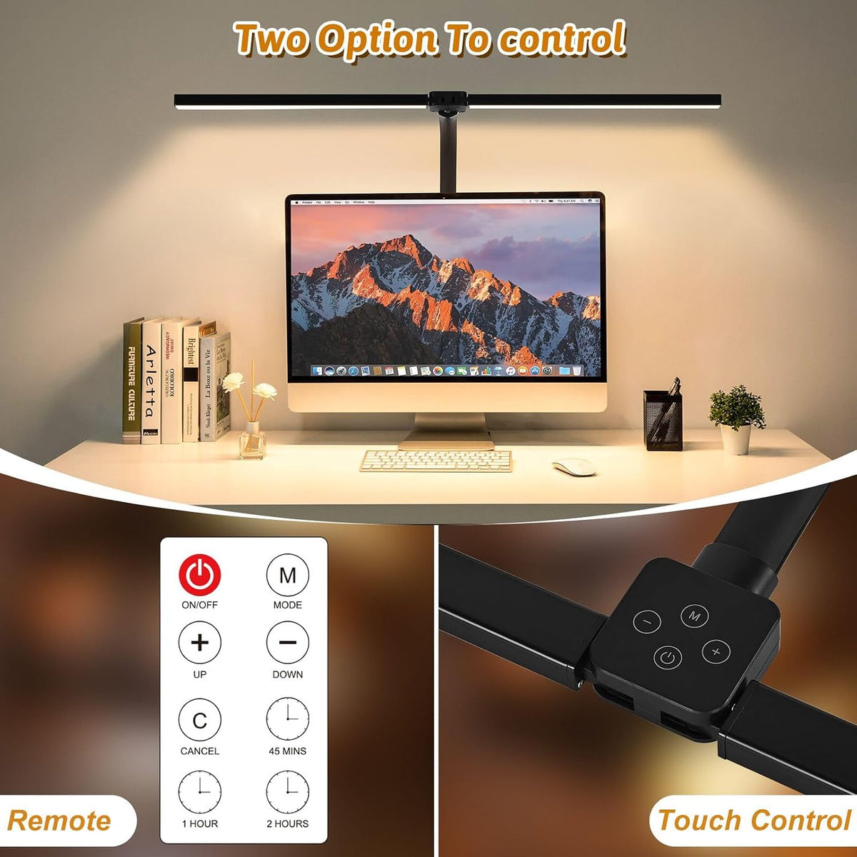 LED Desk Lamp with Clamp, Dual Head Monitor Light, Remote | 24W Dimmable Eye-Caring Task Lamp with Timer, Anti-Glare Cover and Gooseneck for Home Office Dorm, Workbench and Study