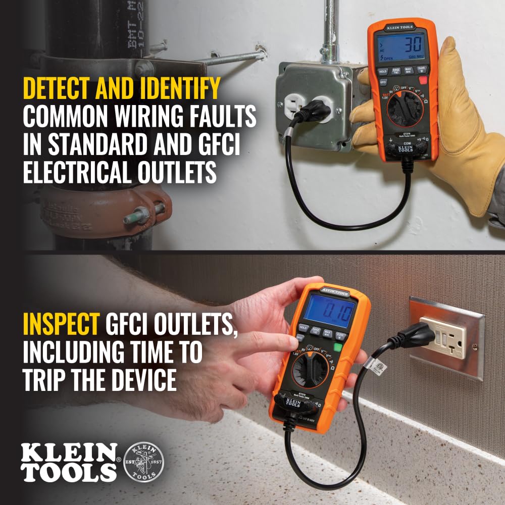 Klein Tools ET270 Auto-Ranging Digital Multi-Tester, AC/DC, Resistance, Continuity, GFCI Receptacle Tester with Test Leads and Receptacle Cord