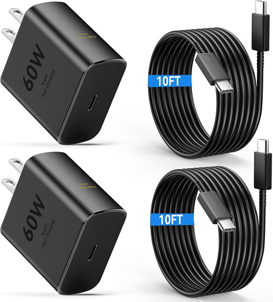 60W USB C Super Fast Charger Type C Android Phone Charger Fast Charging Block with 10ft USB-C to USB-C Cord Compatible with Samsung Galaxy S26 Ultra/S26/S26+/S25/S25 Ultra/S25+/S24, iPhone, iPad