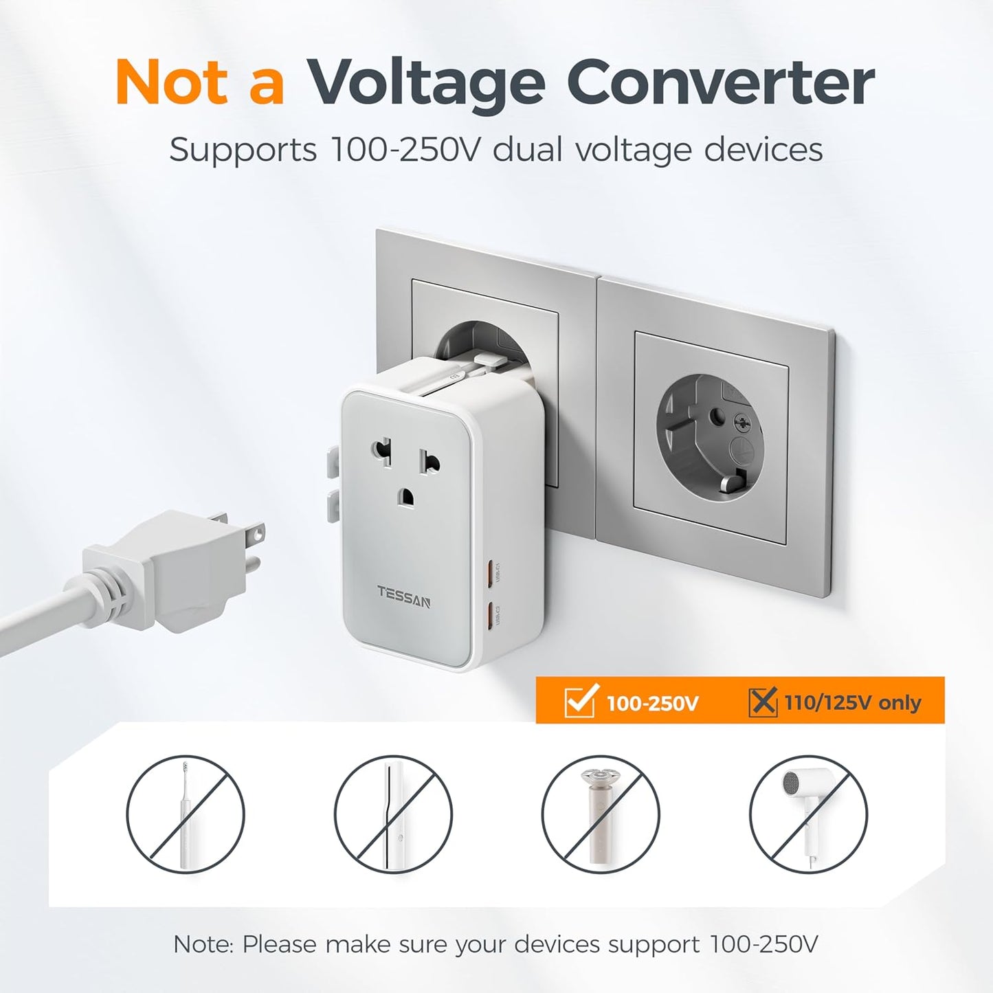 TESSAN Universal Travel Adapter PD 25W, Ultra Thin International adapter | Fast Charger, Worldwide Plug Adaptor 2 USB A 2 USB C for US to European UK Australia Ireland, Type C G A I