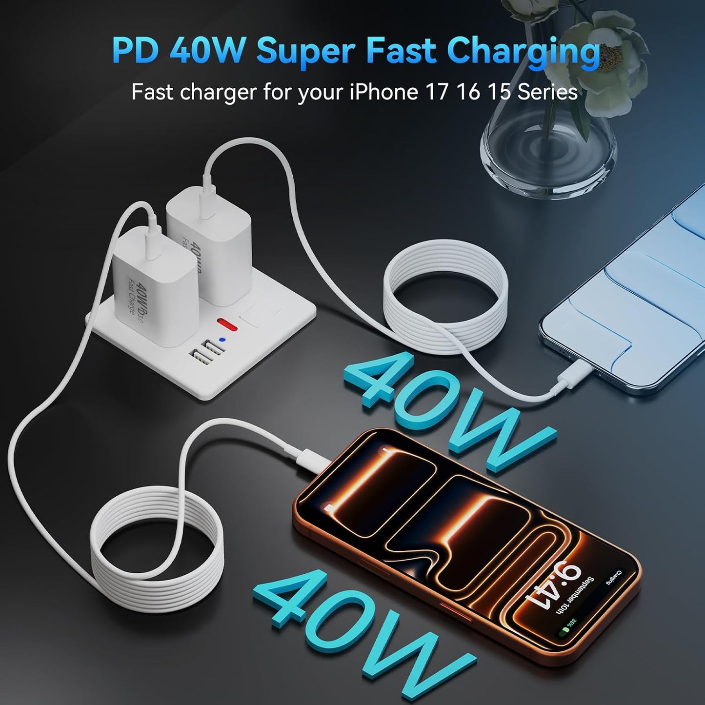 iPhone 17 Pro Max Charger Fast Charging, 40W USB C Fast Phone Charger with 10 FT Long Type C Charging Cable Cord for iPhone 17 Pro Max/17 Pro/Air/17/16/16Pro/16ProMax/Plus/15/S24/S25