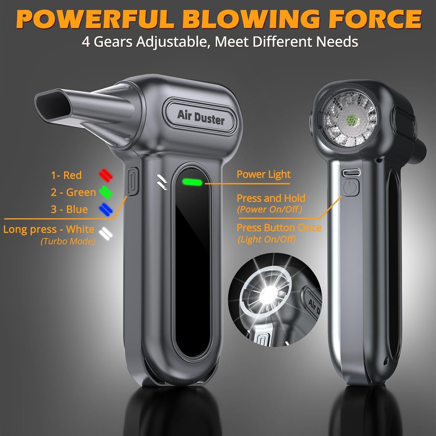 Electric Air Duster Cleaning Tools -180000RPM Super Power Cordless Air Duster, Rechargeable Brushless Motor Durable Blower, 4-Gear Adjustable Dust Blower Fan for Car, PC, Sliver
