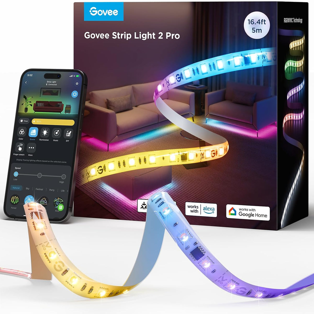 Govee RGBWWIC LED Strip Light 2 Pro 16.4ft, Smart Control, APP, WiFi | Work with Alexa, Google Assistant, Matter and Smarthings, DIY Color Changing, LED Lights for Bedroom, Cabinet, Home Decor