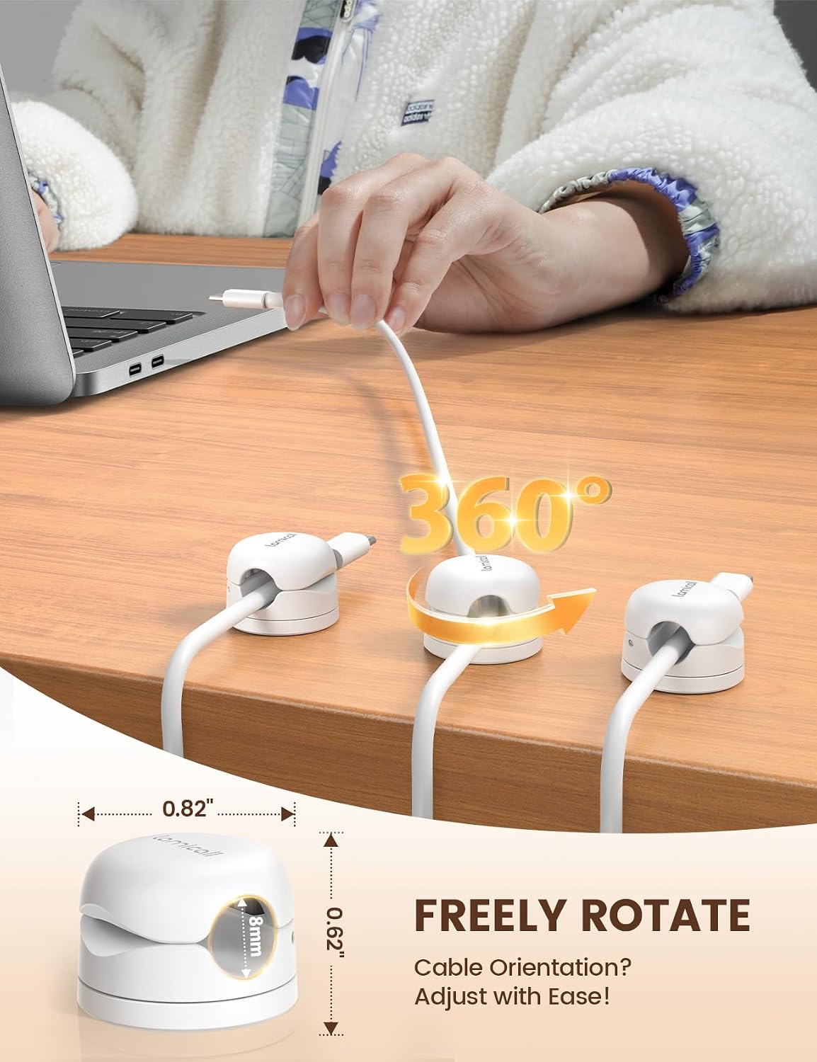 Lamicall 6 Pack Rotatable Cord Organizer, [1s Lock] Spring Cable Clips | Phone Charger Holder Cable Management for Desk Nightstand Wall, Office Home Dorm Room Apartment Organizer Accessories