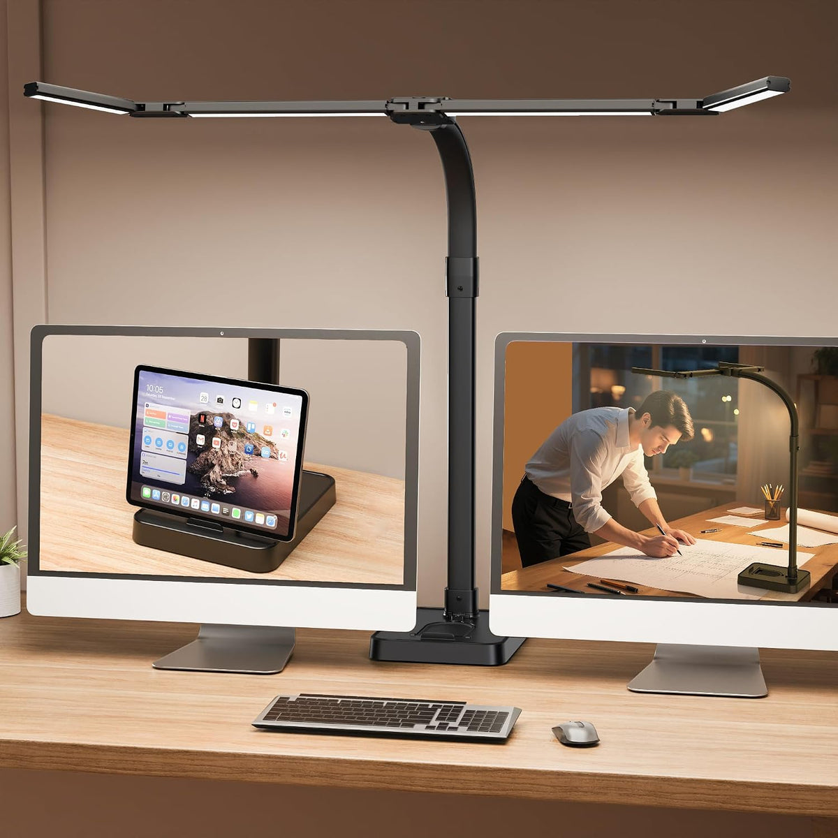 LED Desk Lamp for Home Office - 24W Bright Double Head Desk Light with Clamp Eye Caring Architect Task Light 25 Lighting Modes Adjustable Flexible Gooseneck Lamp (All White)