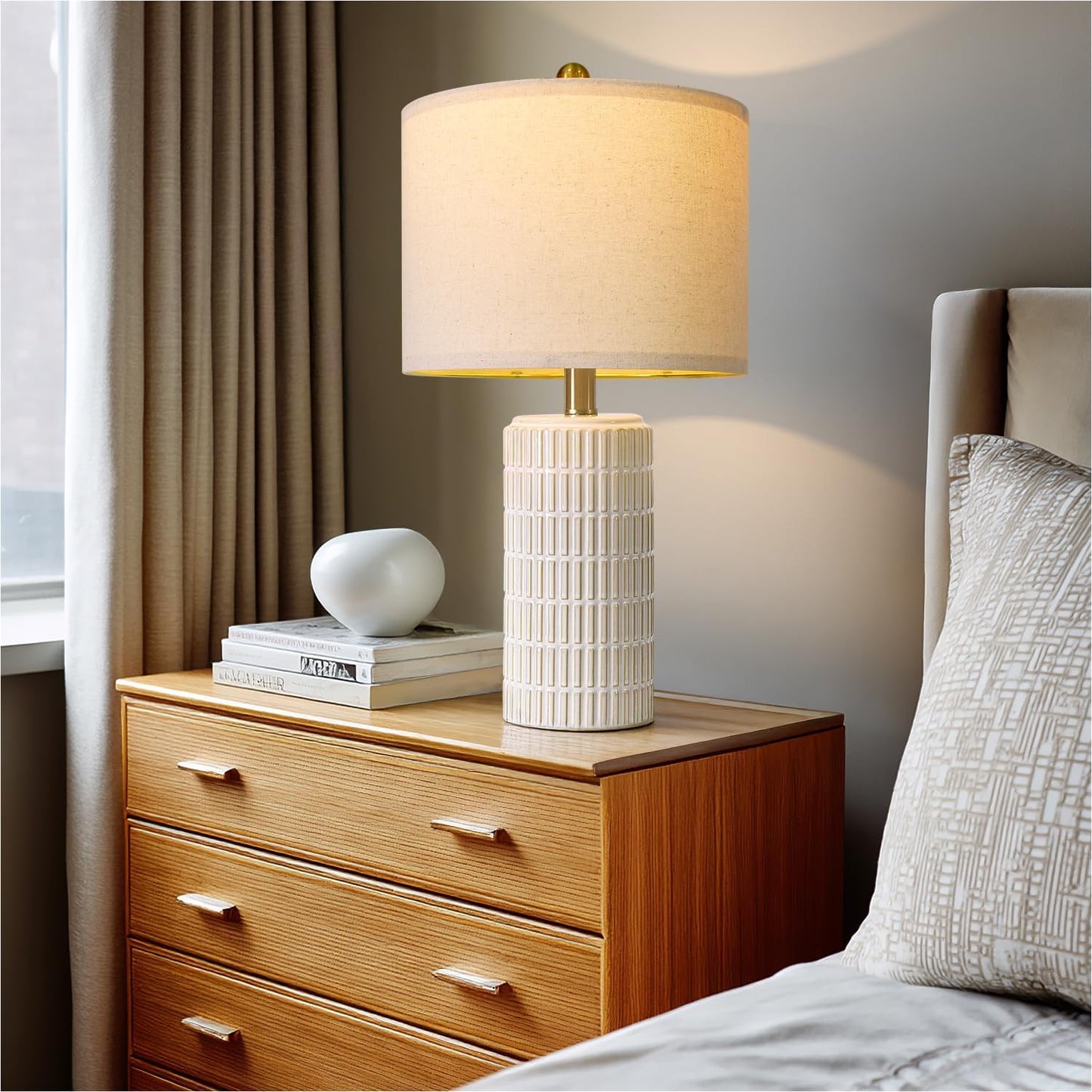 PoKat 20.75" Small Modern Ceramic Table Lamps Set of 2 for Bedroom, White | Bedside lamps for nightstands, farmhouse home decor, end table & desk light, ideal housewarming new home gift for women mom