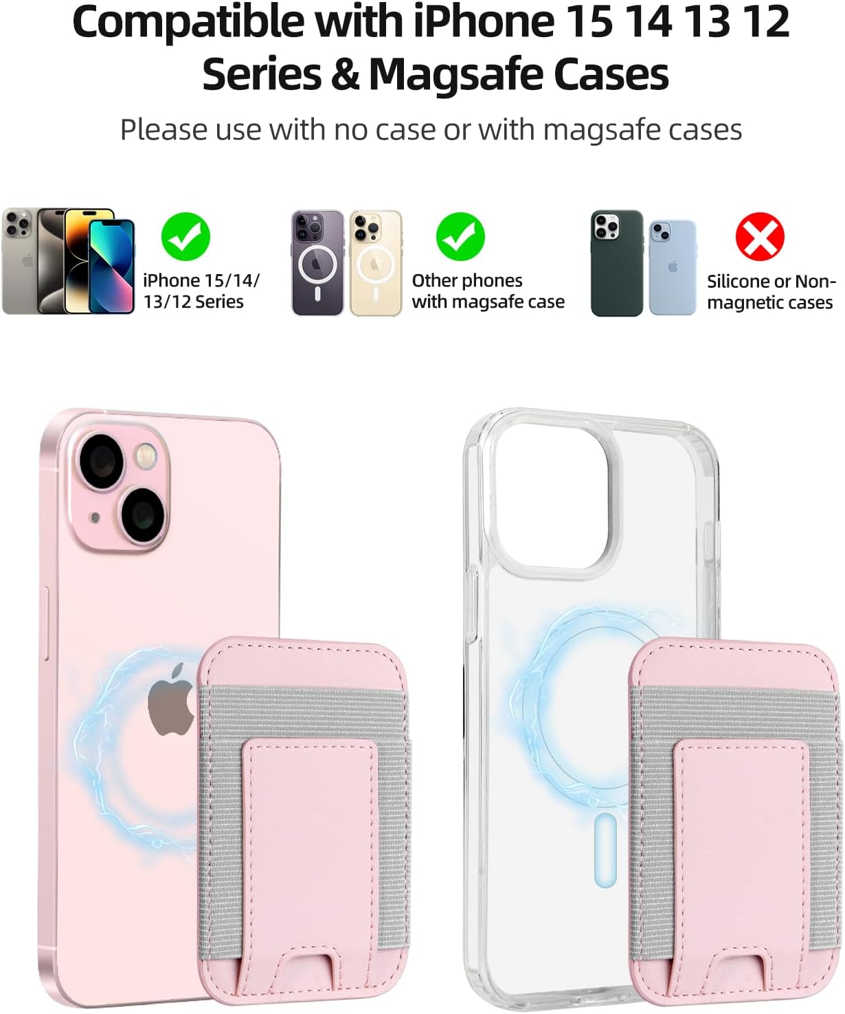 Upgraded for Magsafe Wallet, 7 Card Holder, RFID Blocking, Strongest Magnet | Magnetic Wallet for iPhone 17/16/15/14/13/12 Series, for iPhone Magsafe Wallet with 2 Card Slots, Vegan Leather, Baby Pink