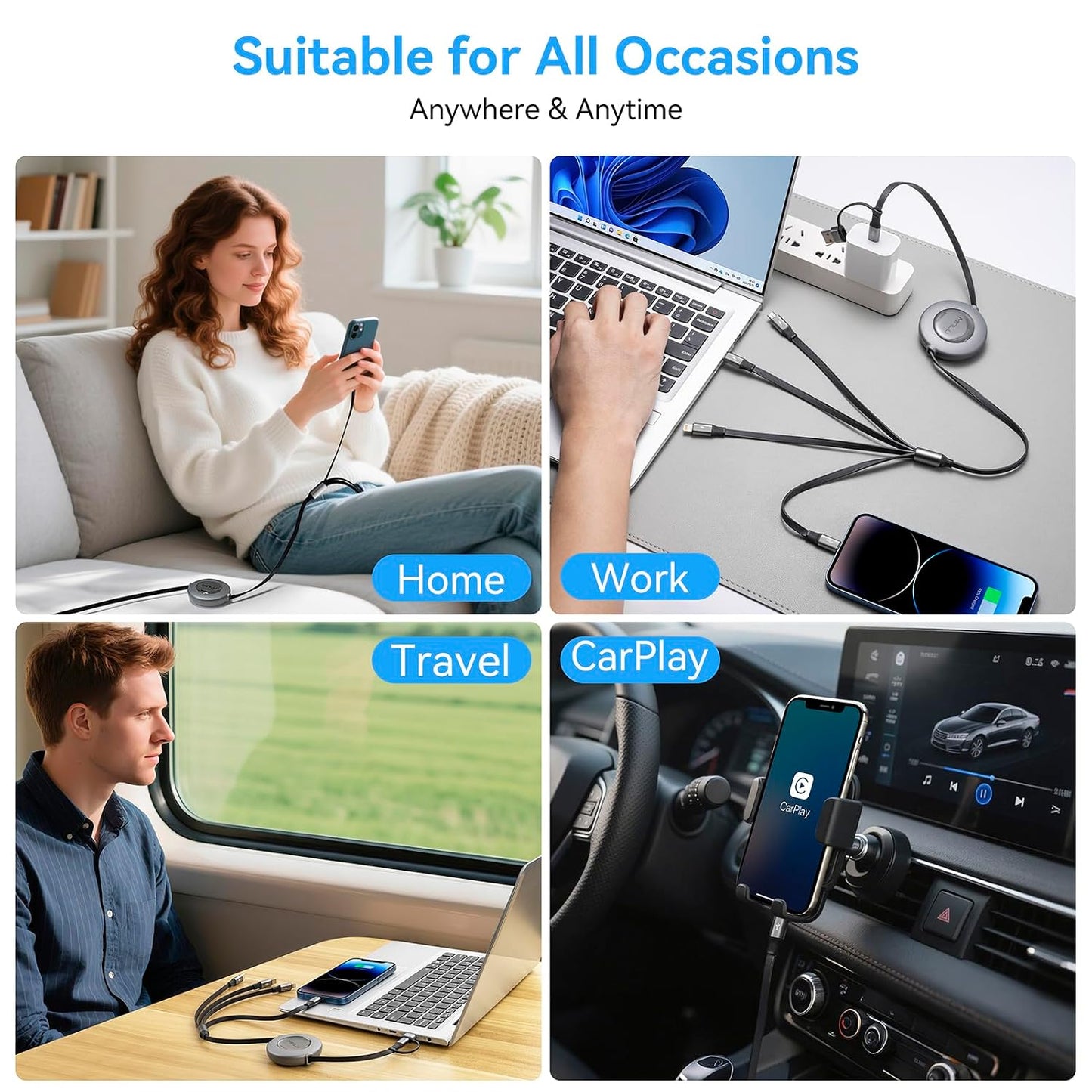 4 in 2 Multi Charging Cable 4A,Retractable USBA/C Universal Charger Cords | Multiple Charging Cord, USBA/C to Type C/L/Micro USB Ports Universal Car Charger for iPhone 17-8/Samsung/Tablets/PS-2Pack 4Ft